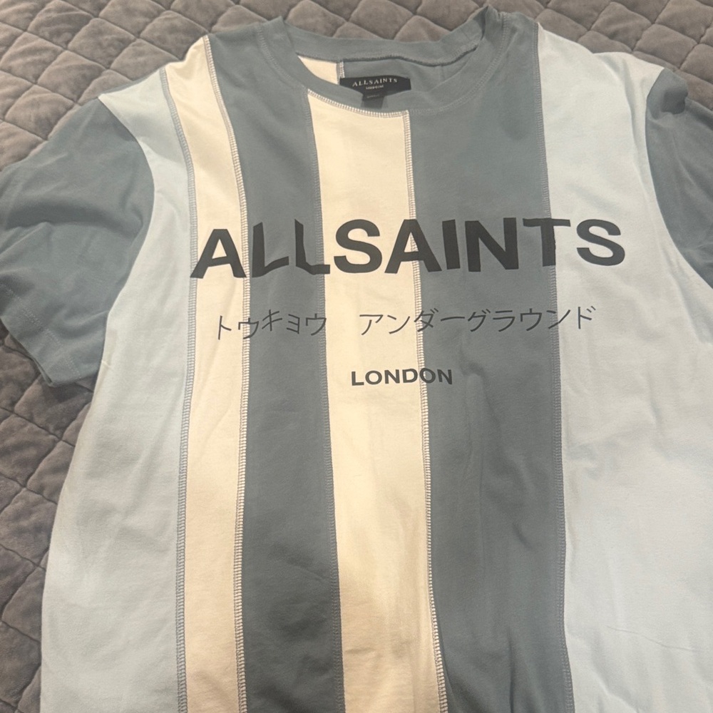 All Saints Blue and Cream Short Sleeve Tee